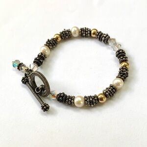 cultured pearl faceted glass prism golden round beads dark silver tone bracelet